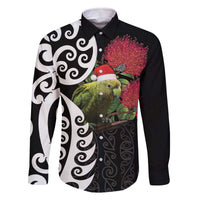 New Zealand Kakapo Christmas Family Matching Off The Shoulder Long Sleeve Dress and Hawaiian Shirt Meri Kirihimete Pohutukawa Flowers LT9 Dad's Shirt - Long Sleeve Black - Polynesian Pride