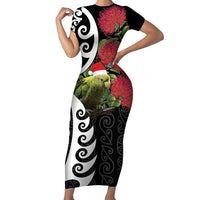 New Zealand Kakapo Christmas Family Matching Short Sleeve Bodycon Dress and Hawaiian Shirt Meri Kirihimete Pohutukawa Flowers LT9 Mom's Dress Black - Polynesian Pride