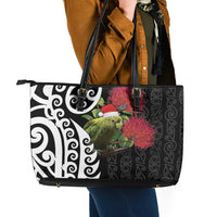 New Zealand Kakapo Christmas Leather Tote Bag Meri Kirihimete Pohutukawa Flowers LT9 - Polynesian Pride