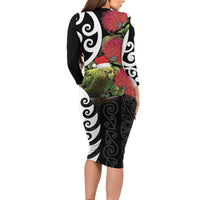 New Zealand Kakapo Christmas Long Sleeve Bodycon Dress Meri Kirihimete Pohutukawa Flowers LT9 - Polynesian Pride