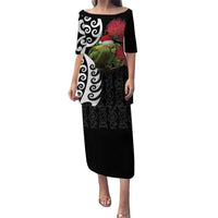 New Zealand Kakapo Christmas Puletasi Meri Kirihimete Pohutukawa Flowers LT9 Long Dress Black - Polynesian Pride