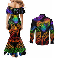 Personalised Its In My DNA Valentine Day Couples Matching Mermaid Dress and Long Sleeve Button Shirt Fingerprint Heart with Color Pride Flag LT9 - Polynesian Pride