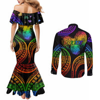 Personalised Its In My DNA Valentine Day Couples Matching Mermaid Dress and Long Sleeve Button Shirt Fingerprint Heart with Color Pride Flag LT9 - Polynesian Pride