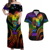 Personalised Its In My DNA Valentine Day Couples Matching Off Shoulder Maxi Dress and Hawaiian Shirt Fingerprint Heart with Color Pride Flag LT9 No Dress - Polynesian Pride