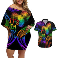 Personalised Its In My DNA Valentine Day Couples Matching Off Shoulder Short Dress and Hawaiian Shirt Fingerprint Heart with Color Pride Flag LT9 No Dress - Polynesian Pride
