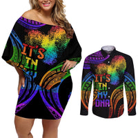 Personalised Its In My DNA Valentine Day Couples Matching Off Shoulder Short Dress and Long Sleeve Button Shirt Fingerprint Heart with Color Pride Flag LT9 No Dress - Polynesian Pride