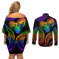 Personalised Its In My DNA Valentine Day Couples Matching Off Shoulder Short Dress and Long Sleeve Button Shirt Fingerprint Heart with Color Pride Flag LT9 - Polynesian Pride