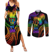 Personalised Its In My DNA Valentine Day Couples Matching Summer Maxi Dress and Long Sleeve Button Shirt Fingerprint Heart with Color Pride Flag LT9 No Dress - Polynesian Pride