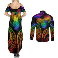 Personalised Its In My DNA Valentine Day Couples Matching Summer Maxi Dress and Long Sleeve Button Shirt Fingerprint Heart with Color Pride Flag LT9 - Polynesian Pride