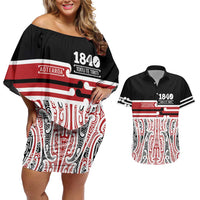 Personalised Toitu Te Tiriti Aotearoa 1840 Couples Matching Off Shoulder Short Dress and Hawaiian Shirt Red Kowhaiwhai Puhoro LT9 Black - Polynesian Pride