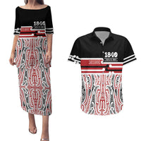 Personalised Toitu Te Tiriti Aotearoa 1840 Couples Matching Puletasi and Hawaiian Shirt Red Kowhaiwhai Puhoro LT9 Black - Polynesian Pride