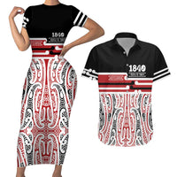 Personalised Toitu Te Tiriti Aotearoa 1840 Couples Matching Short Sleeve Bodycon Dress and Hawaiian Shirt Red Kowhaiwhai Puhoro LT9 Black - Polynesian Pride