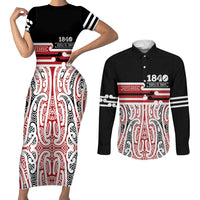 Personalised Toitu Te Tiriti Aotearoa 1840 Couples Matching Short Sleeve Bodycon Dress and Long Sleeve Button Shirt Red Kowhaiwhai Puhoro LT9 Black - Polynesian Pride