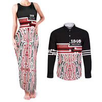 Personalised Toitu Te Tiriti Aotearoa 1840 Couples Matching Tank Maxi Dress and Long Sleeve Button Shirt Red Kowhaiwhai Puhoro LT9 Black - Polynesian Pride