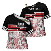 Personalised Toitu Te Tiriti Aotearoa 1840 Cross Shoulder Shirt Red Kowhaiwhai Puhoro - Polynesian Pride