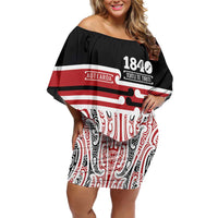 Personalised Toitu Te Tiriti Aotearoa 1840 Family Matching Off Shoulder Short Dress and Hawaiian Shirt Red Kowhaiwhai Puhoro LT9 Mom's Dress Black - Polynesian Pride