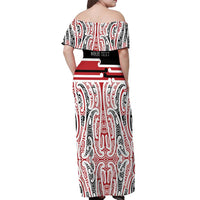 Personalised Toitu Te Tiriti Aotearoa 1840 Off Shoulder Maxi Dress Red Kowhaiwhai Puhoro - Polynesian Pride