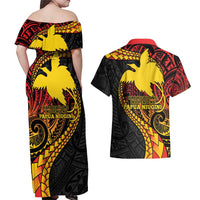 Papua New Guinea Tribal Tattoo Couples Matching Off Shoulder Maxi Dress and Hawaiian Shirt 50th Independence Anniversary LT9 - Polynesian Pride