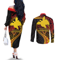 Papua New Guinea Tribal Tattoo Couples Matching Off The Shoulder Long Sleeve Dress and Long Sleeve Button Shirt 50th Independence Anniversary LT9 - Polynesian Pride