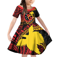 Papua New Guinea Tribal Tattoo Family Matching Off Shoulder Short Dress and Hawaiian Shirt 50th Independence Anniversary LT9 Daughter's Dress Black - Polynesian Pride