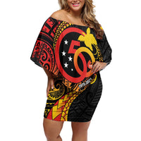Papua New Guinea Tribal Tattoo Family Matching Off Shoulder Short Dress and Hawaiian Shirt 50th Independence Anniversary LT9 Mom's Dress Black - Polynesian Pride