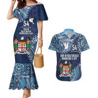 Personalised Fiji 54th Anniversary Couples Matching Mermaid Dress and Hawaiian Shirt Siga Ni Bula Galala Marautaki O Viti LT9 Blue - Polynesian Pride
