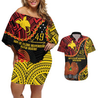 Personalised Papua New Guinea 49th Anniversary Couples Matching Off Shoulder Short Dress and Hawaiian Shirt Hapi De bilong Indipendens Papua Niugini LT9 Black - Polynesian Pride