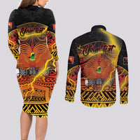 Personalised Papua New Guinea 49th Anniversary Couples Matching Long Sleeve Bodycon Dress and Long Sleeve Button Shirt Bird of Paradise Unity In Diversity LT9 - Polynesian Pride