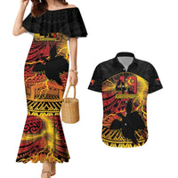 Personalised Papua New Guinea 49th Anniversary Couples Matching Mermaid Dress and Hawaiian Shirt Bird of Paradise Unity In Diversity LT9 Black - Polynesian Pride