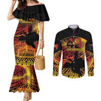 Personalised Papua New Guinea 49th Anniversary Couples Matching Mermaid Dress and Long Sleeve Button Shirt Bird of Paradise Unity In Diversity LT9 Black - Polynesian Pride