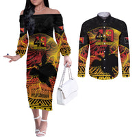 Personalised Papua New Guinea 49th Anniversary Couples Matching Off The Shoulder Long Sleeve Dress and Long Sleeve Button Shirt Bird of Paradise Unity In Diversity LT9 Black - Polynesian Pride