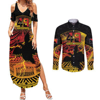 Personalised Papua New Guinea 49th Anniversary Couples Matching Summer Maxi Dress and Long Sleeve Button Shirt Bird of Paradise Unity In Diversity LT9 Black - Polynesian Pride