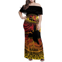 Personalised Papua New Guinea 49th Anniversary Family Matching Off Shoulder Maxi Dress and Hawaiian Shirt Bird of Paradise Unity In Diversity LT9 Mom's Dress Black - Polynesian Pride