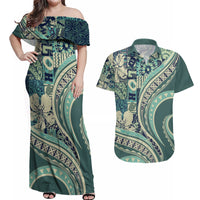 Hawaiian Hibiscus Tribal Vintage Motif Couples Matching Off Shoulder Maxi Dress and Hawaiian Shirt Ver 1 LT9 Sea Green - Polynesian Pride