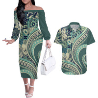 Hawaiian Hibiscus Tribal Vintage Motif Couples Matching Off The Shoulder Long Sleeve Dress and Hawaiian Shirt Ver 1 LT9 Sea Green - Polynesian Pride