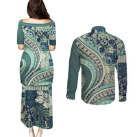 Hawaiian Hibiscus Tribal Vintage Motif Couples Matching Puletasi and Long Sleeve Button Shirt Ver 1