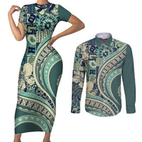Hawaiian Hibiscus Tribal Vintage Motif Couples Matching Short Sleeve Bodycon Dress and Long Sleeve Button Shirt Ver 1 LT9 Sea Green - Polynesian Pride