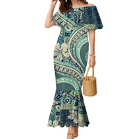 Hawaiian Hibiscus Tribal Vintage Motif Family Matching Mermaid Dress and Hawaiian Shirt Ver 1 LT9 Mom's Dress Sea Green - Polynesian Pride
