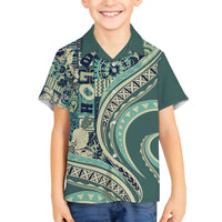 Hawaiian Hibiscus Tribal Vintage Motif Family Matching Off Shoulder Short Dress and Hawaiian Shirt Ver 1 LT9 Son's Shirt Sea Green - Polynesian Pride