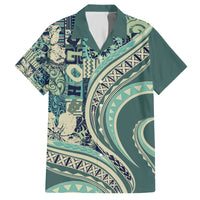 Hawaiian Hibiscus Tribal Vintage Motif Family Matching Short Sleeve Bodycon Dress and Hawaiian Shirt Ver 1 LT9 Dad's Shirt - Short Sleeve Sea Green - Polynesian Pride