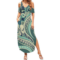 Hawaiian Hibiscus Tribal Vintage Motif Family Matching Summer Maxi Dress and Hawaiian Shirt Ver 1 LT9 Mom's Dress Sea Green - Polynesian Pride