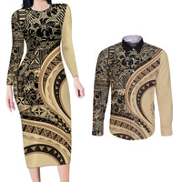 Hawaiian Hibiscus Tribal Vintage Motif Couples Matching Long Sleeve Bodycon Dress and Long Sleeve Button Shirt Ver 2 LT9 Beige - Polynesian Pride