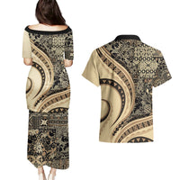 Hawaiian Hibiscus Tribal Vintage Motif Couples Matching Puletasi and Hawaiian Shirt Ver 2