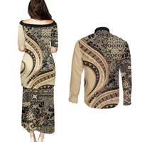 Hawaiian Hibiscus Tribal Vintage Motif Couples Matching Puletasi and Long Sleeve Button Shirt Ver 2