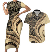 Hawaiian Hibiscus Tribal Vintage Motif Couples Matching Short Sleeve Bodycon Dress and Hawaiian Shirt Ver 2 LT9 Beige - Polynesian Pride