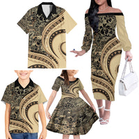Hawaiian Hibiscus Tribal Vintage Motif Family Matching Off The Shoulder Long Sleeve Dress and Hawaiian Shirt Ver 2 LT9 - Polynesian Pride