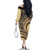 Hawaiian Hibiscus Tribal Vintage Motif Family Matching Off The Shoulder Long Sleeve Dress and Hawaiian Shirt Ver 2 LT9 - Polynesian Pride
