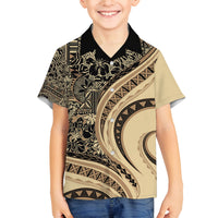 Hawaiian Hibiscus Tribal Vintage Motif Family Matching Off The Shoulder Long Sleeve Dress and Hawaiian Shirt Ver 2 LT9 Son's Shirt Beige - Polynesian Pride