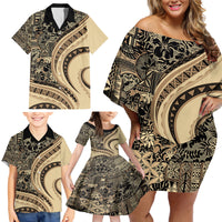 Hawaiian Hibiscus Tribal Vintage Motif Family Matching Off Shoulder Short Dress and Hawaiian Shirt Ver 2 LT9 - Polynesian Pride