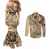 Hawaiian Hibiscus Tribal Vintage Motif Couples Matching Mermaid Dress and Long Sleeve Button Shirt Ver 3 LT9 - Polynesian Pride